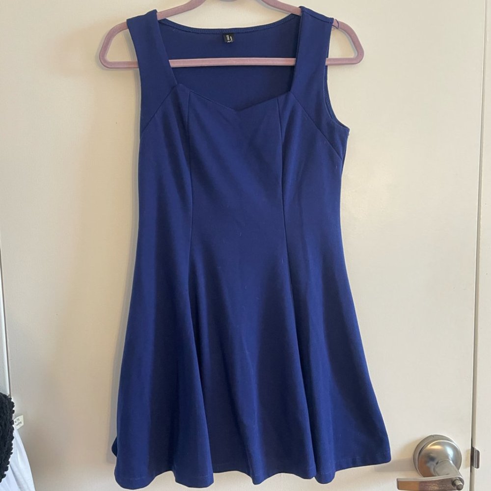 Blue Stretch Cotton Sleeveless Fit & Flare Summer Dress, Size M